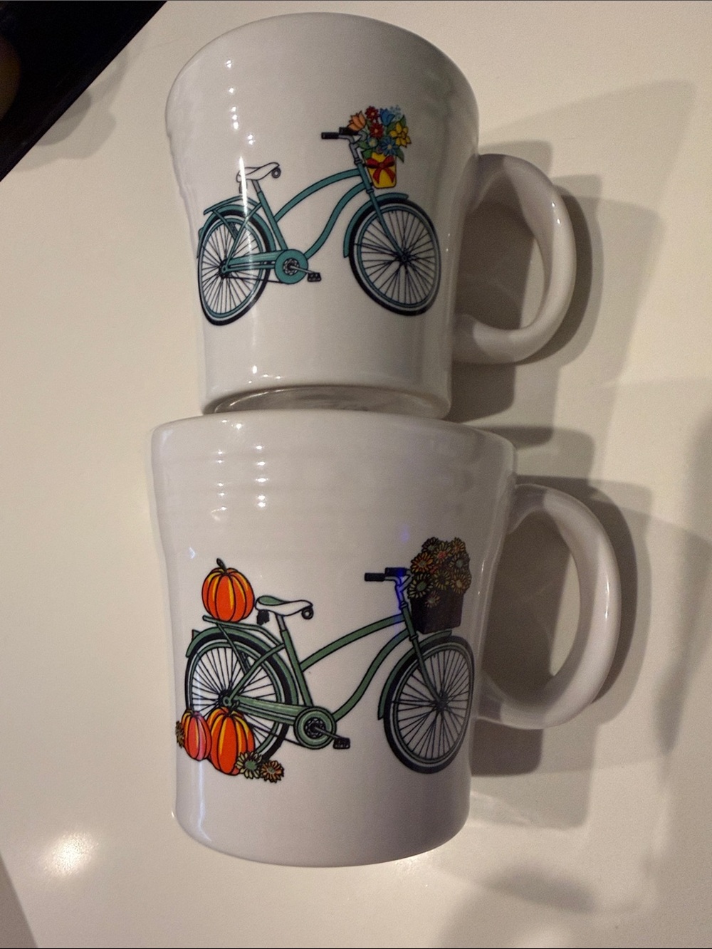 Fiestaware White Mugs with Teal Bicycle and Pumpkins and Flowers set of 2